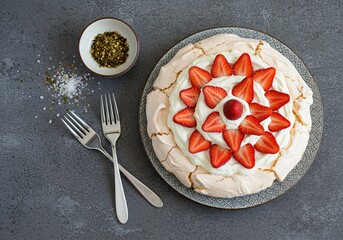 Photo of Pavlova Cake , covered with whipped cream and strawberries, placed on a grey marble table