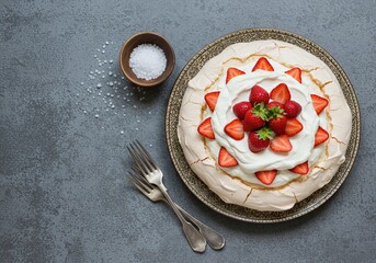 Photo of Pavlova Cake , covered with whipped cream and strawberries, placed on a grey marble table