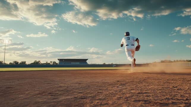 A baseball player rounding third base during a playoff game. Featuring speed and excitement