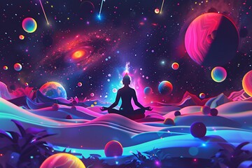Silhouette of a person meditating in a vibrant cosmic landscape.