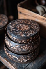 Artisanal coconut shell jewelry boxes adorned with delicate carvings and floral patterns