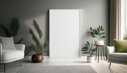 Vertical White Frame Poster Mockup in a Cozy Home Interior Scene with Modern Minimalist Elements, Infusing Sophistication and Elegance into Any Space.