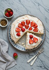 Photo of Pavlova Cake cut, covered with whipped cream and beautiful strawberries, placed on a round plate with many patterns