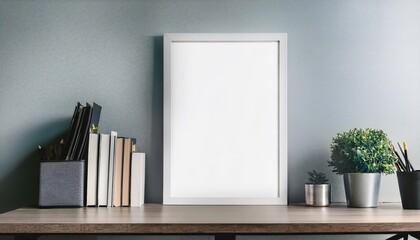 Vertical White Framed Mockup Showcasing a Modern Workspace Interior Against a Neutral Backdrop, Exuding Elegance and Minimalist Charm, Perfect for Digital Art, Home Decor, or Design Inspiration.