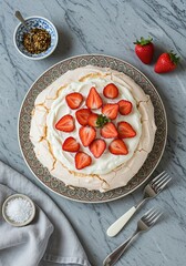 Photo of Pavlova Cake , covered with whipped cream and strawberries, placed on a grey marble table