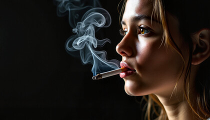 Fototapeta premium Young woman with a contemplative mood smoking a cigarette against a dark black background