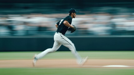 A baseball player running the bases during the playoffs. Featuring speed and determination