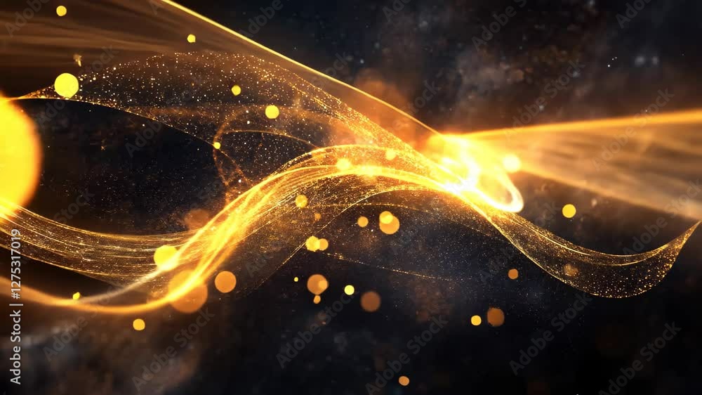 Poster glowing golden paths intertwining with vibrant lights creating a mesmerizing abstract display, abstr