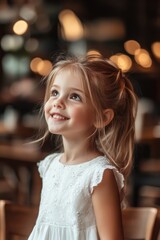 Fototapeta premium The young girl gentle smile, large eyes, and rosy cheeks add warmth and charm to the bokey and blur cozy cafe portrait background.