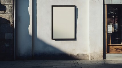 blank billboard on white wall next to shop