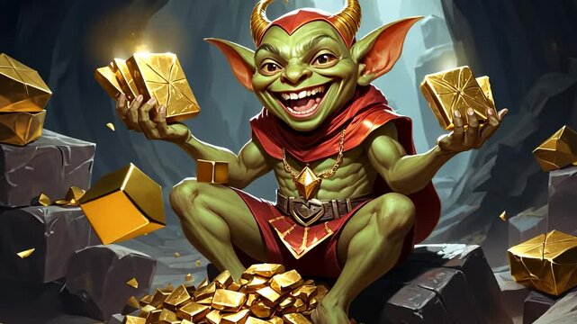 Goblin Lord of Gold: A digital painting of a mischievous goblin sitting amidst a pile of gold, showcasing vibrant colors and intricate details.