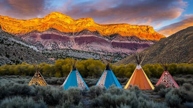 Colorful tipis under golden sunset in a majestic mountain landscape