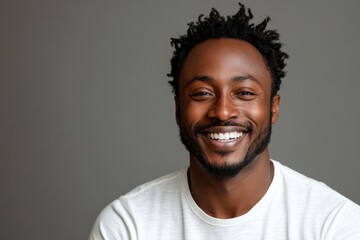 Obraz premium A black African man in white casual attire, smiling against a gray background, projects warmth and approachability with a charming demeanor.
