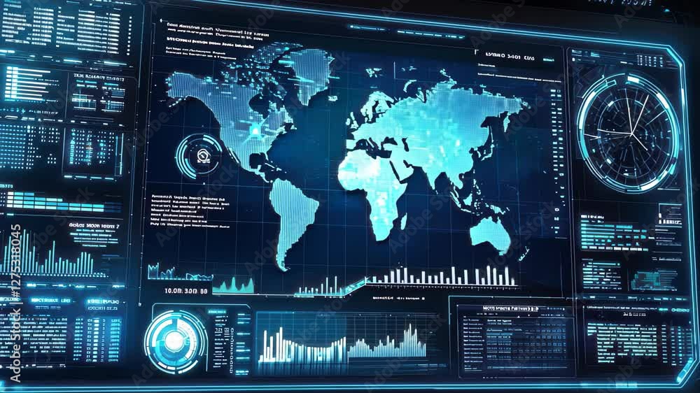 Poster futuristic digital interface displaying glowing blue data and world map in a high tech environment, 