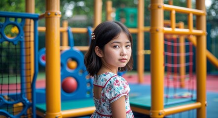 Obraz premium Asian girl in outdoor play area background dress young teen side view portrait