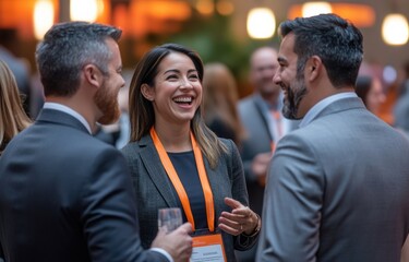 At a trade show, a young woman confidently interacts with colleagues, excited to enhance her communication and networking skills.