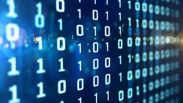 Data flows through a digital interface showcasing binary code and technological elements in a modern setting