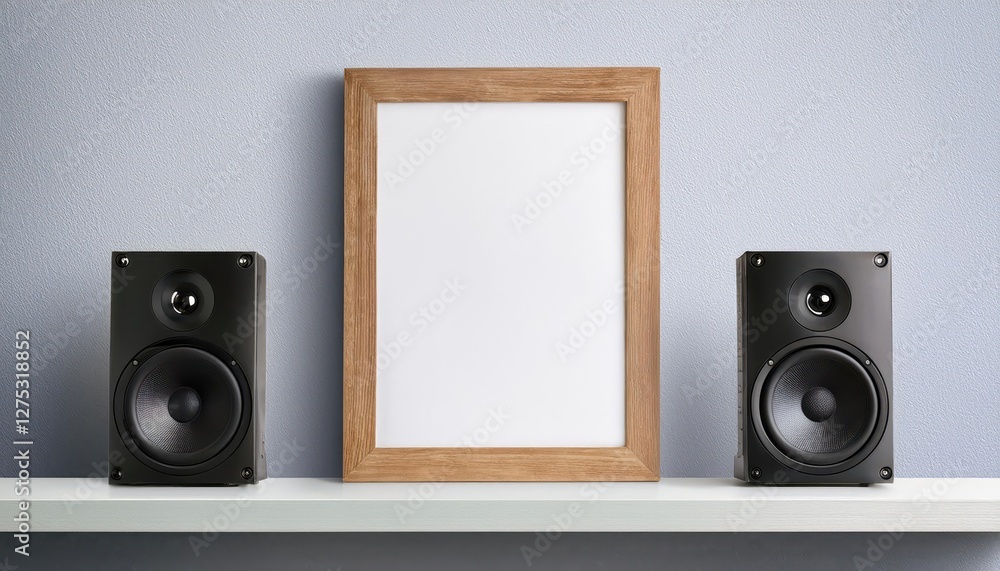 Poster 3d rendering wooden frame mockup and micro component stereo system on white shelf against a minimali