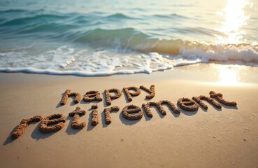 Serene beach with calm turquoise water with sea wave. Sand writing Happy Retirement. New adventures, life change concept for banner, travel agency, postcard, congratulation template.