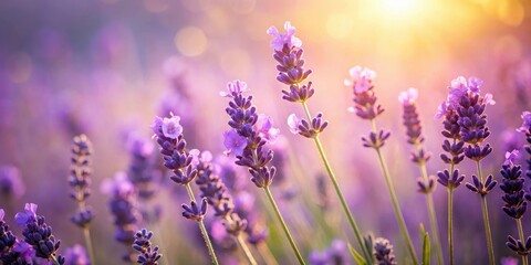 Fototapeta premium Serene Lavender Field at Golden Hour A Close-Up of Delicate Purple Blossoms Basking in the Warmth of Sunlight