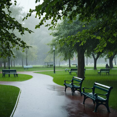 Obraz premium park, adorned by gentle touch of rain, became a mesmerizing spectacle as droplets delicately clung to leaves, paths shimmered with a newfound radiance, and benches beckoned for moments of profound int
