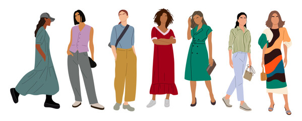 Set of stylish young women wearing summer street fashion outfit. Different business people in smart casual office clothes. Vector realistic illustrations isolated © Creative_Juice_Art