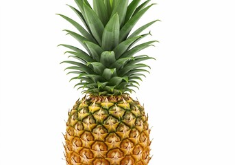 Against a white backdrop, a whole pineapple highlights its unique texture and vibrant color, suggesting the sweetness and juiciness of this tropical delight
