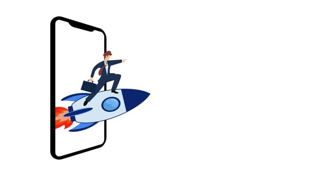businessman on a rocket launch out of a smartphone. creative idea concept. concept of improving business. see opportunity