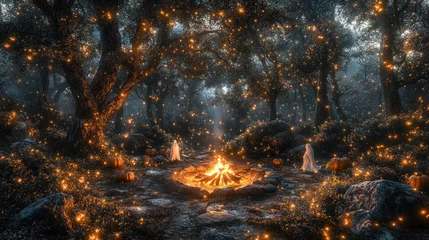 Gordijnen Enchanting Halloween forest campfire scene © TITISCAHYA