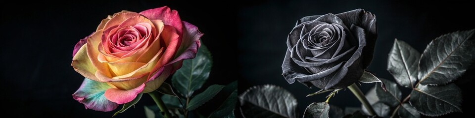 A colorful rose paired with a dark counterpart.