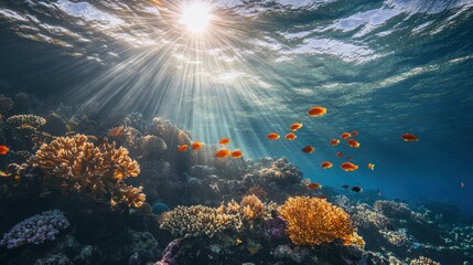 Obraz premium Underwater serenity colorful coral reef ecosystem ocean depths nature photography sunlit water vibrant marine life