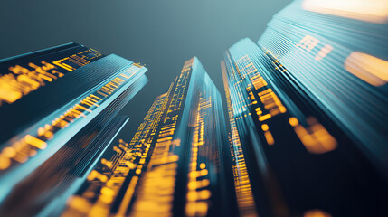 A futuristic city skyline with digital charts reflecting business growth, financial forecasts, and corporate evolution. Glowing data overlays highlight economic trends and company performance