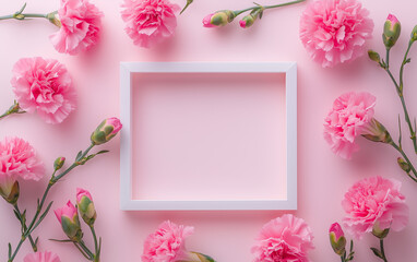 Pink carnations with empty frame on pastel background  
