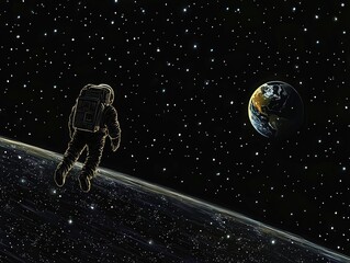 Astronaut floating in space near earth digital art cosmic environment wide angle view exploration concept