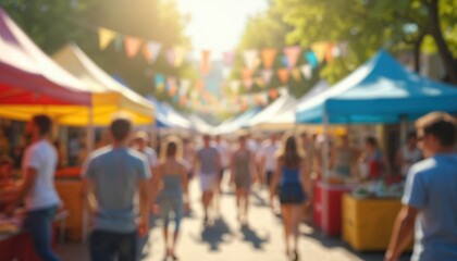 Blurred people walk at outdoor summer fair market with colorful tents under sunlight, creating a festive atmosphere. Warm sunny day, social gathering, shopping, fun.