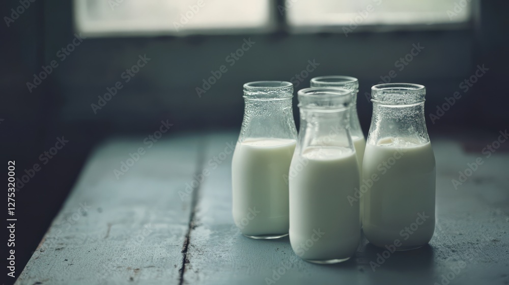 Poster four glass bottles filled with fresh milk on a rustic table near a window with soft light