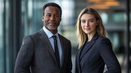 Two professionals in formal attire, exuding confidence and professionalism in a modern business setting.