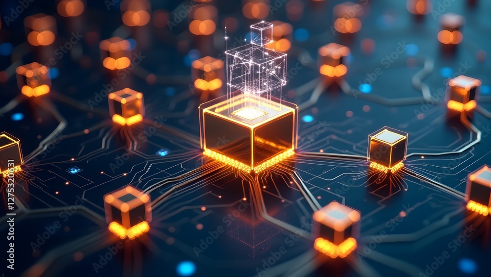 Poster ai-driven supply chain optimization: glowing cubes and circuits in action