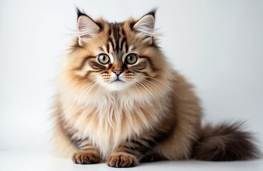Close-up portrait of fluffy tabby cat sitting on white background. Beautiful furry ragamuffin with sweet expression, long hair, green eyes, adorable look in studio.