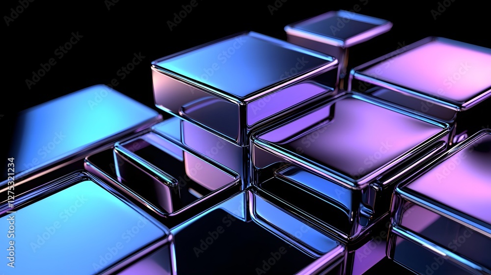 Poster Abstract geometric 3D blocks and cubes with matte and glossy finishes dynamic arrangement high tech futuristic composition on a black background