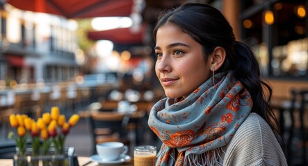 Obraz premium Hispanic girl in outdoor cafe background scarf young teen side view portrait