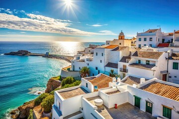 Fototapeta premium A quiet coastal village, bathed in sunshine, offers serene simplicity and a charming holiday getaway. Simple architecture, blue seas, and idyllic calm define this tranquil destination.