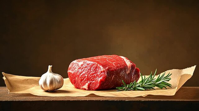 Fresh raw beef with garlic and rosemary on parchment paper