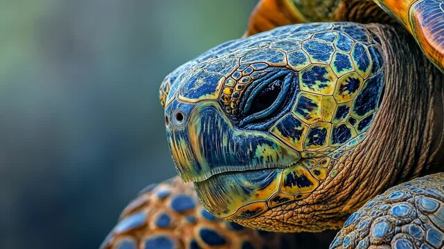 Close-up of a green sea turtle showcasing intricate shell patterns and textures in a vibrant underwater environment