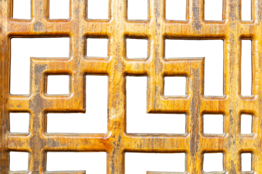 A close-up shows a wooden lattice with square. The wood has a warm, golden hue a varnished or surface. The geometric pattern creates a sense of depth and texture isolated on white background. - Powered by Adobe