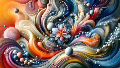 Dynamic abstract artwork featuring colorful floral elements, swirling patterns, and vibrant gradients, creating a mesmerizing and dreamlike effect...