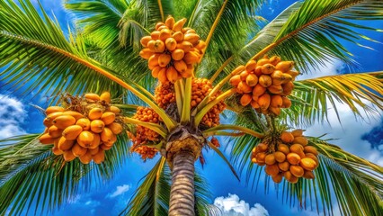 Aerial view of a lush tropical island, showcasing a vibrant coconut palm laden with ripe orange coconuts under a sunny sky.