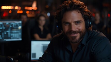 Obraz premium Smiling agent immersed in technology, providing exceptional customer service