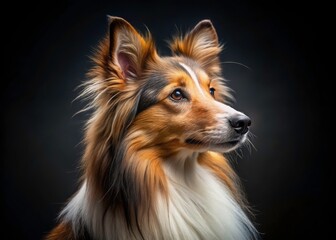 Fototapeta premium Black backdrop showcases a Sheltie's beauty in this captivating headshot. Expert dog photography. Shetland Sheepdog profile.