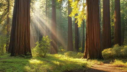 Obraz premium Sunlit Redwood Forest with Golden Light and Lush Undergrowth